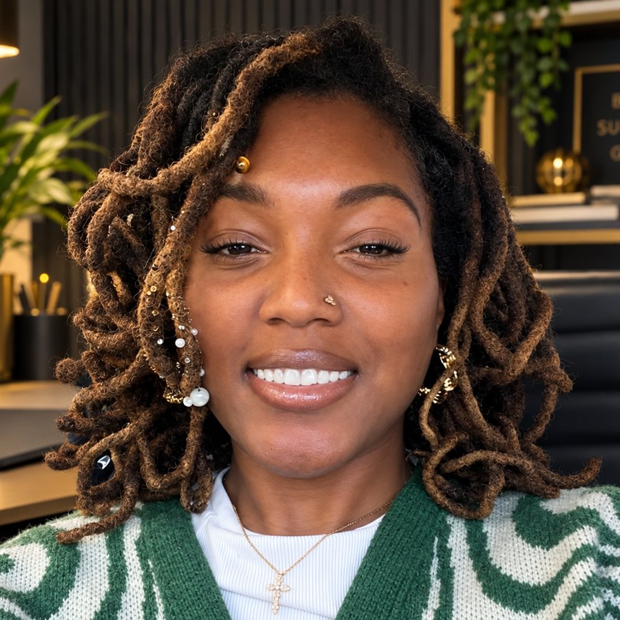 Tayjah, Brand Operations Associate at TL Media Agency, smiling in a professional studio with a gold Build Support Grow plaque and plants behind her